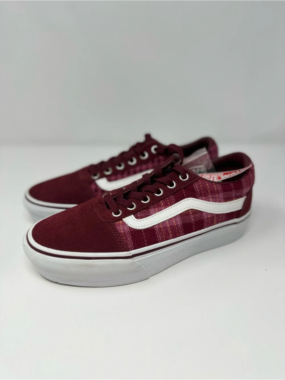 Vans Ward Platform Plaid Mix Port Sneakers Burgundy Size 7.5 Y2K Old Skool Stlye